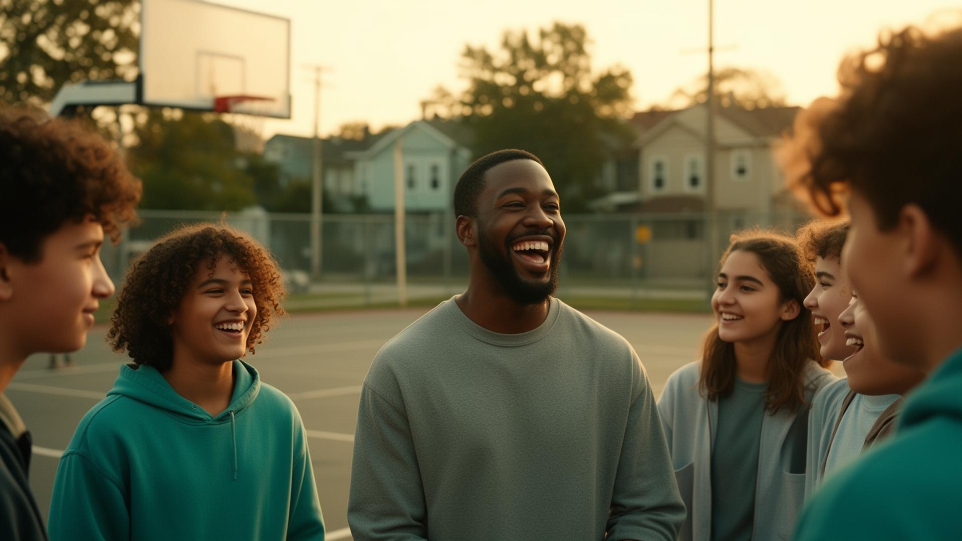 A mentor laughing with a group of teenagers on a neighborhood basketball court at golden hour.